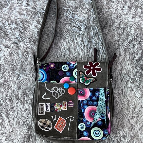 Zia Poppy Italy Canvas Crossbody Bag Multicolor Embroidered Boho Patchwork - Picture 2 of 14